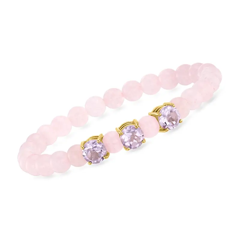 Ross-Simons Rose Quartz Bead Stretch Bracelet With Amethysts In 18Kt Gold Over Sterling 1