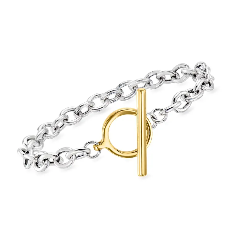 Ross-Simons Sterling Silver And 18Kt Gold Over Sterling Cable-Chain Toggle Bracelet 1