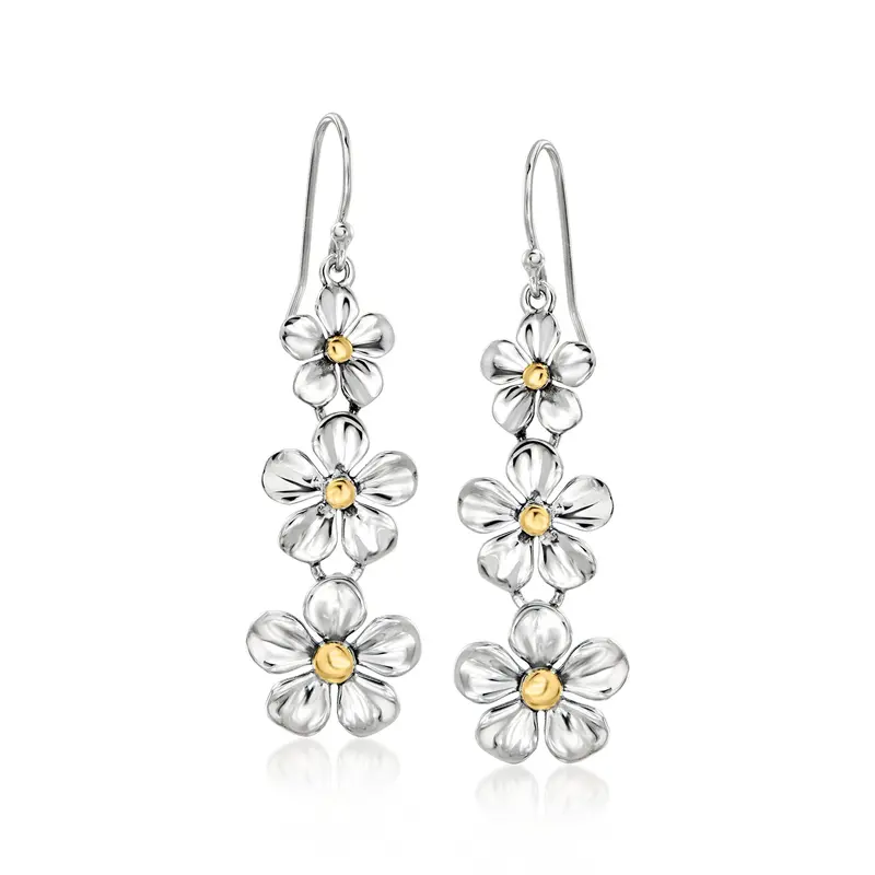 Ross-Simons Sterling Silver And 18Kt Gold Over Sterling Graduated Flower Drop Earrings 1