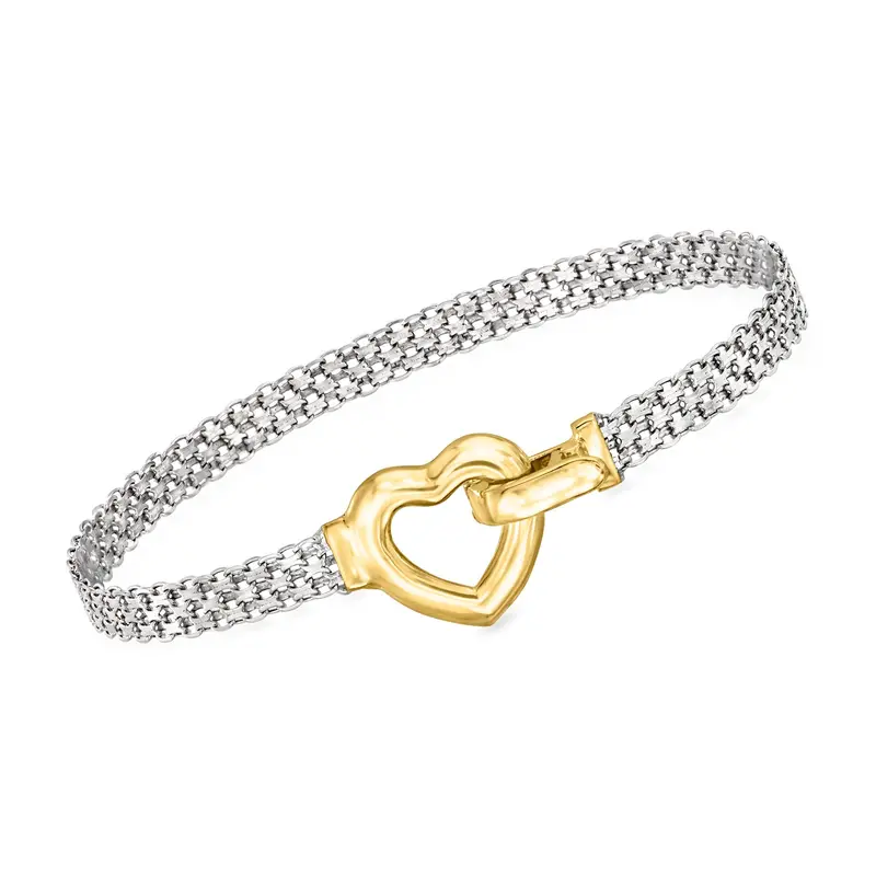 Ross-Simons Sterling Silver And 18Kt Gold Over Sterling Heart Bismark-Link Bracelet 1