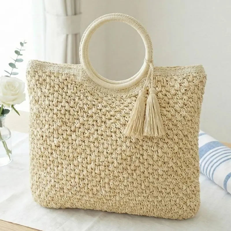 Round Handle Tassel Raffia Woven Tote Handbag 1