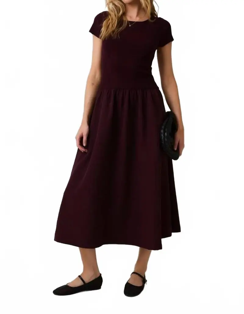 Round Neck Mix Midi Dress In Burgundy 1