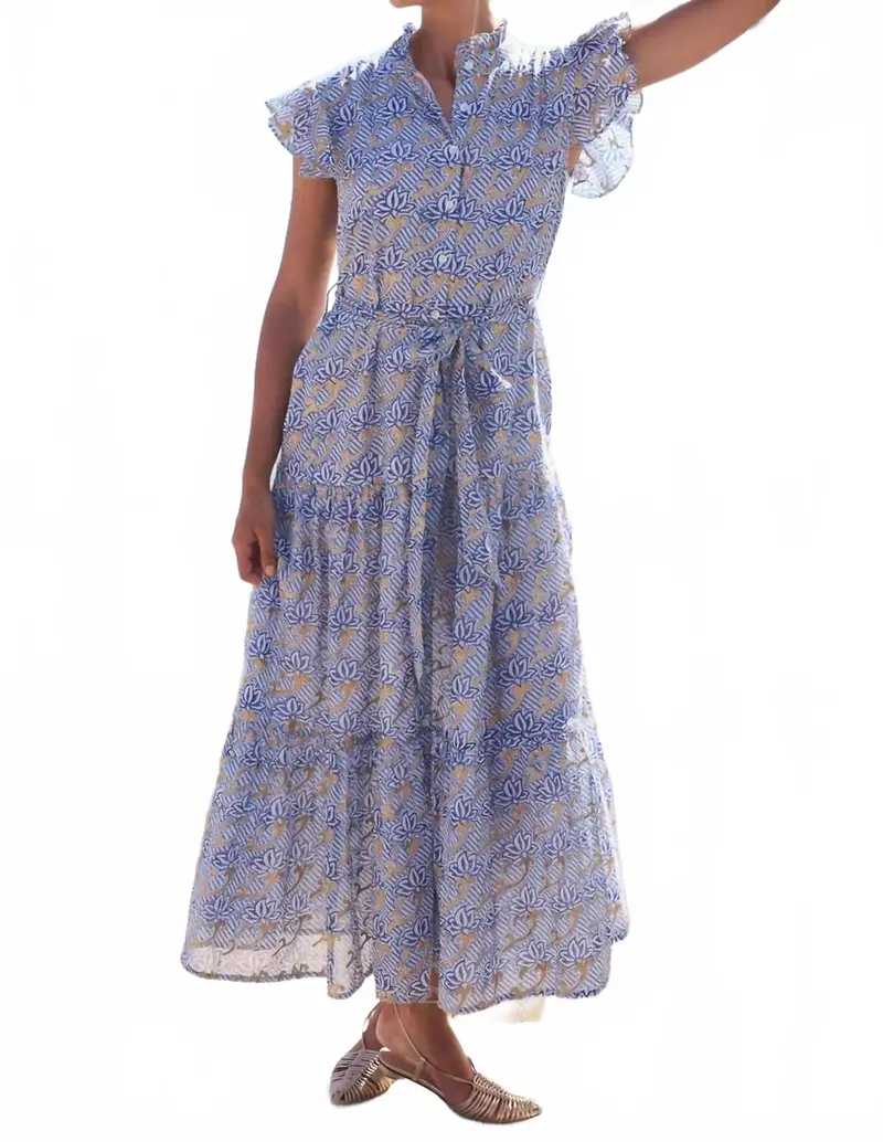 Ruffle Collar Button Maxi Dress In Florence Blue 1