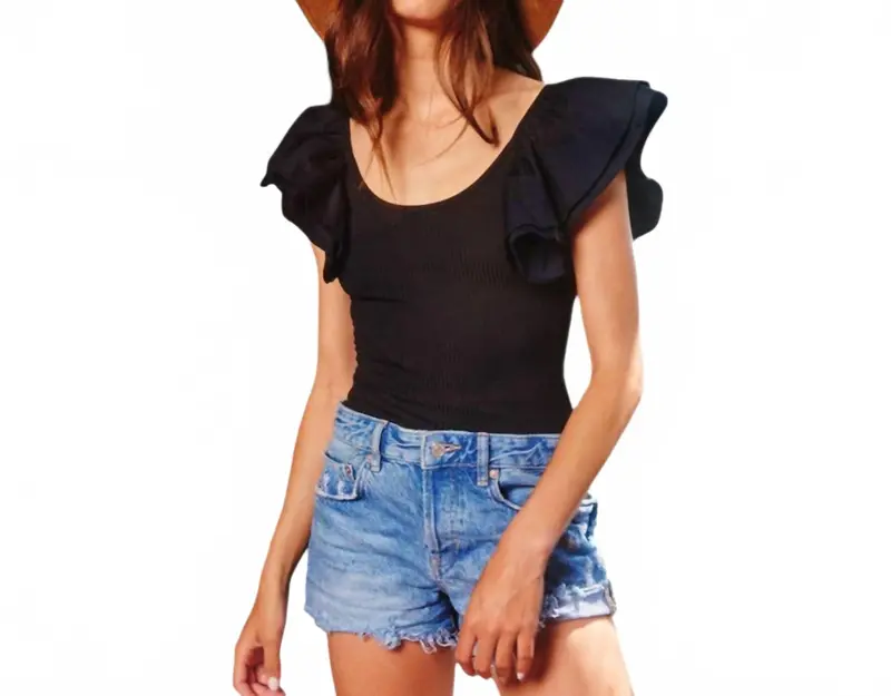 Ruffle Shoulder Ribbed Bodysuit In Black 1