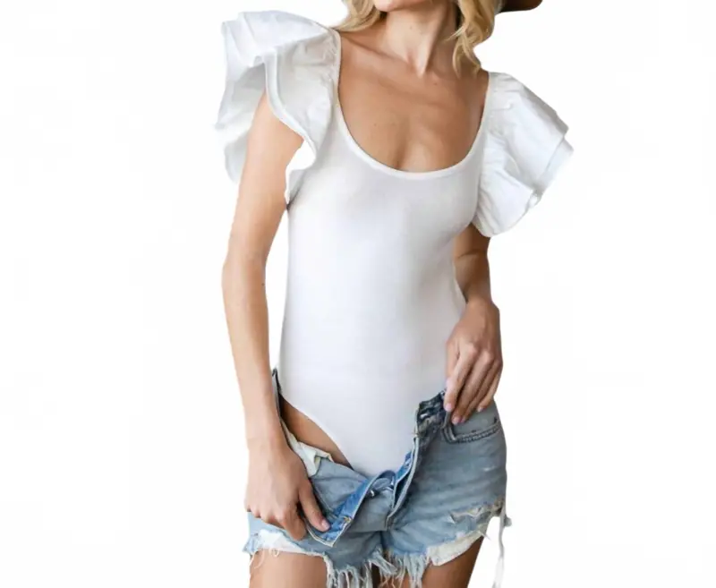 Ruffle Shoulder Ribbed Bodysuit In White 1