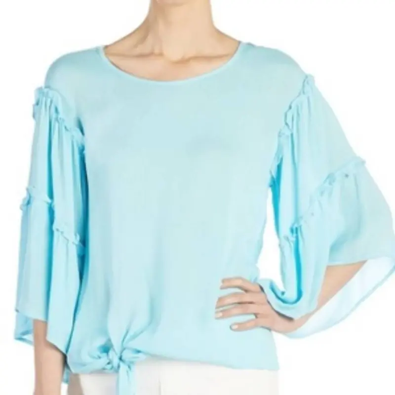 Ruffle Sleeve Tie Front Blouse In Aqua 1