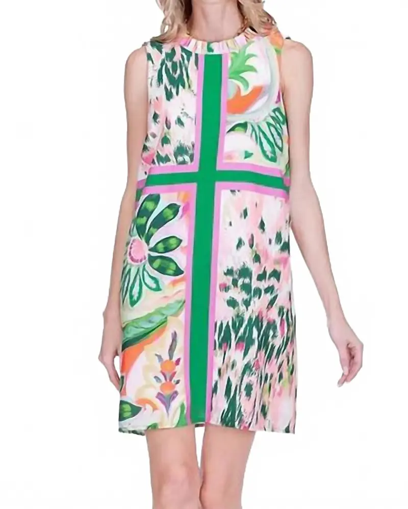 Ruffles Neck Mini Dress In Patchwork Garden 1