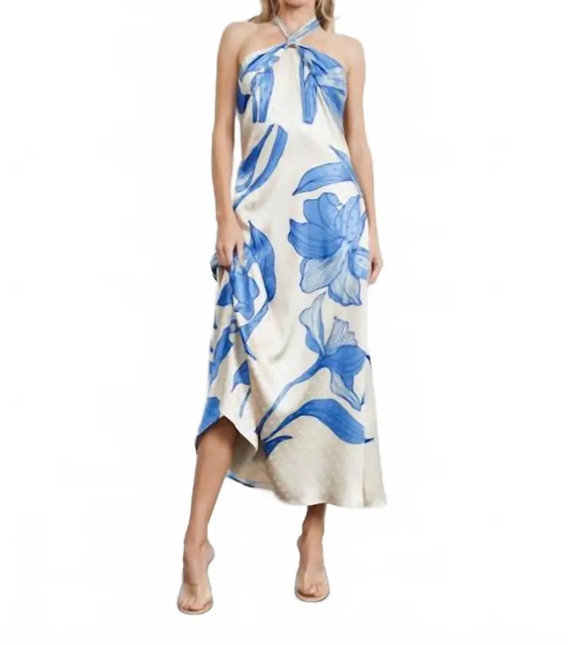 Runie Floral Print Halterneck Maxi Dress In Blue 1