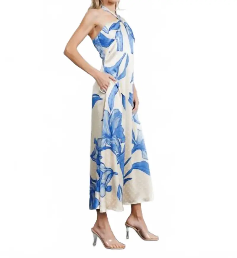 Runie Floral Print Halterneck Maxi Dress In Blue 2