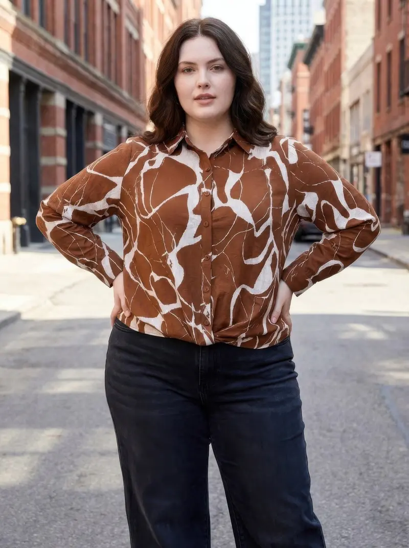 Rust Abstract Print Button-Up Shirt 1