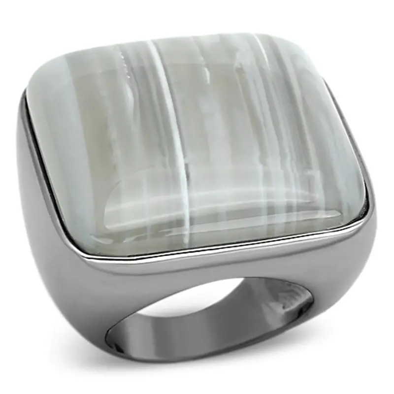 Ruthenium Brass Ring With Semi-Precious Agate In Light Gray 1