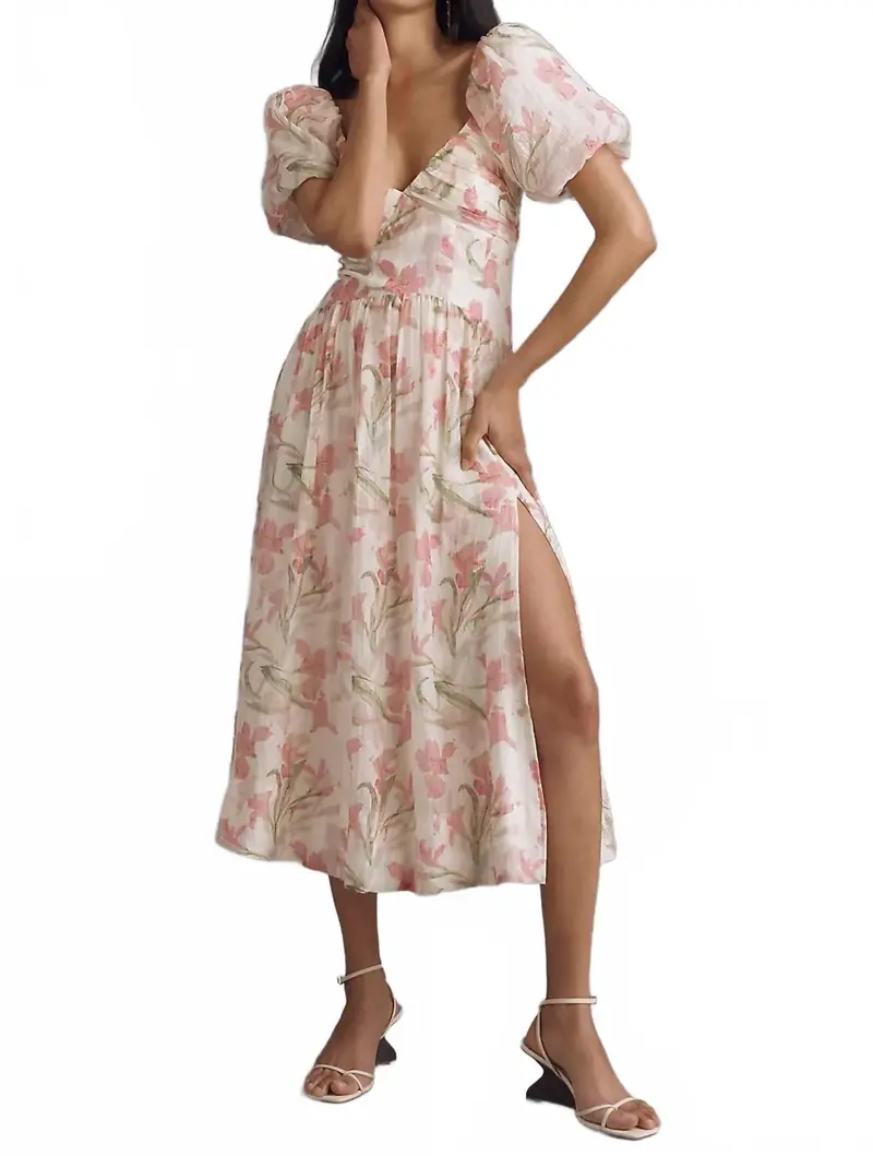 Sasilia Puff Sleeve Dress In Pink Cream Floral 1