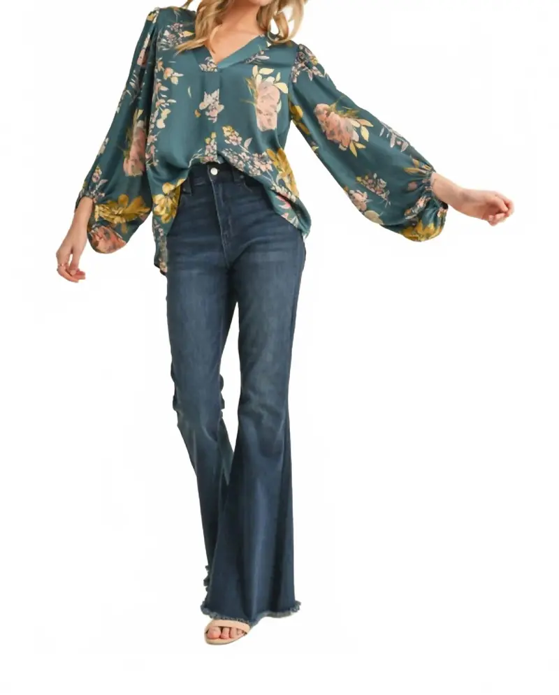 Satin Floral Print Blouse With Bubble Sleeves In Teal 1
