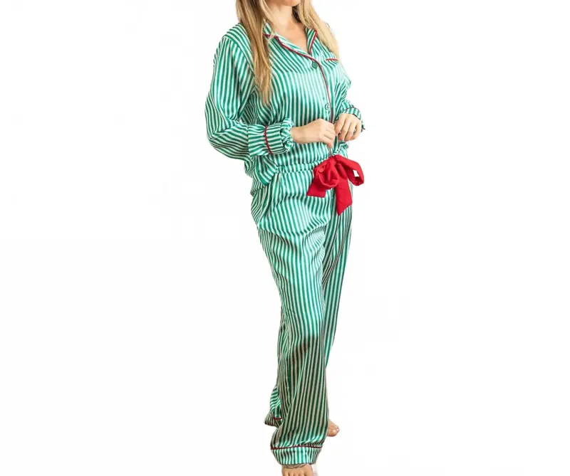 Satin Pajama Pant Set In Green Stripe 1