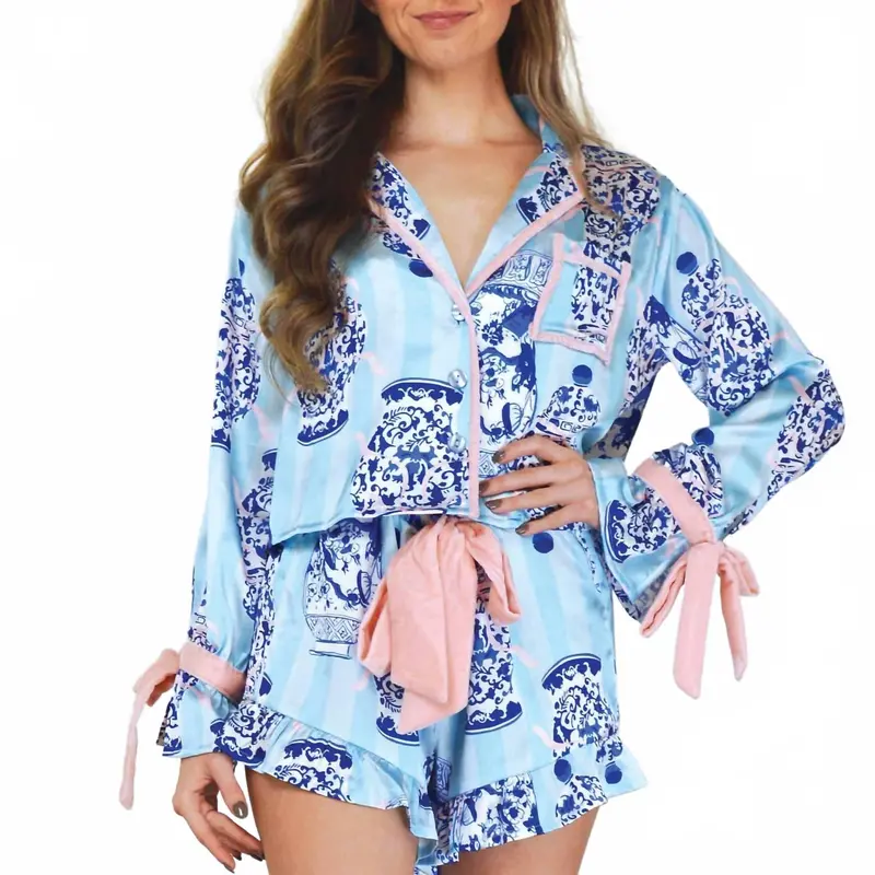 Satin Ruffle Short Pajama Set In Ginger Jar Stripe 1