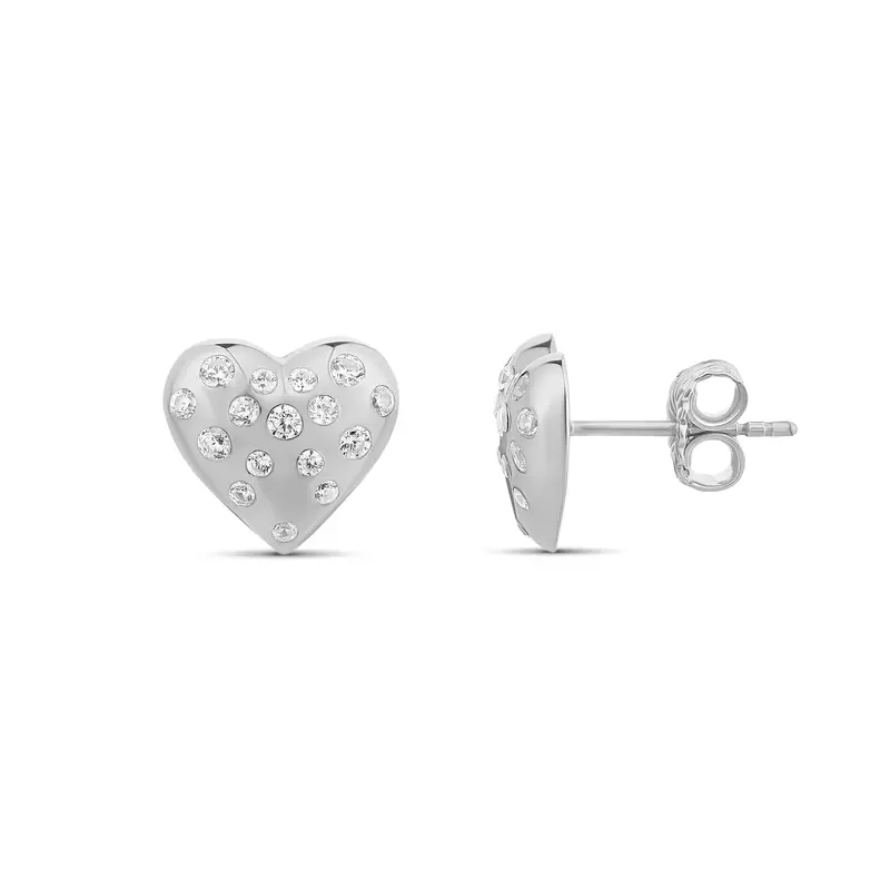 Scattered Stones Puffy Heart Stud Earrings — .925 Sterling Silver, Rhodium Plated, 14K Gold-Plated, Cubic Zirconia Detailing 1