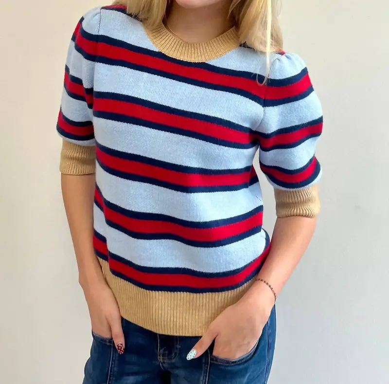 Scottie Striped Knit Sweater In Blue, Red And Tan 1