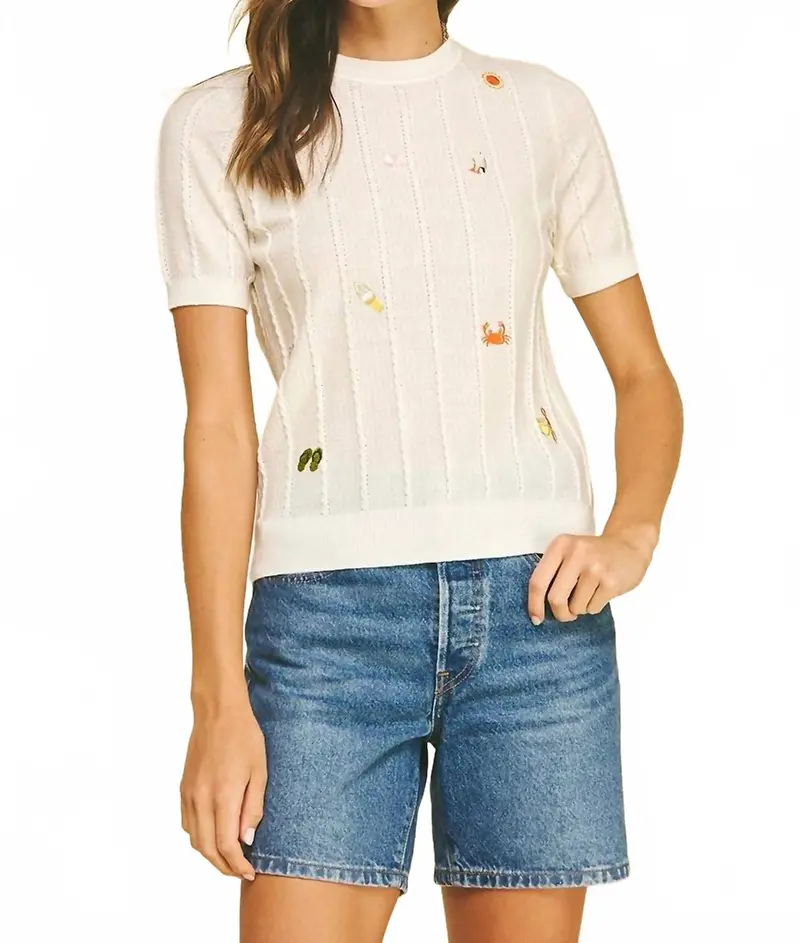 Seaside Embroidered Knit Sweater In White 1