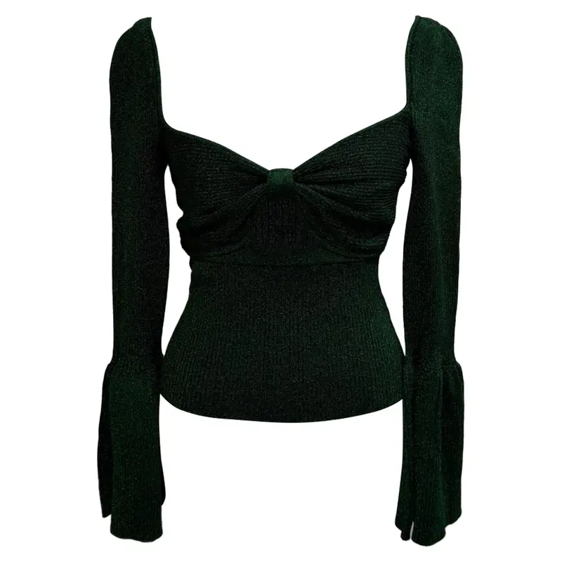 Self-Portrait Lurex-Knit Bell-Sleeved Blouse In Olive Polyamide 1