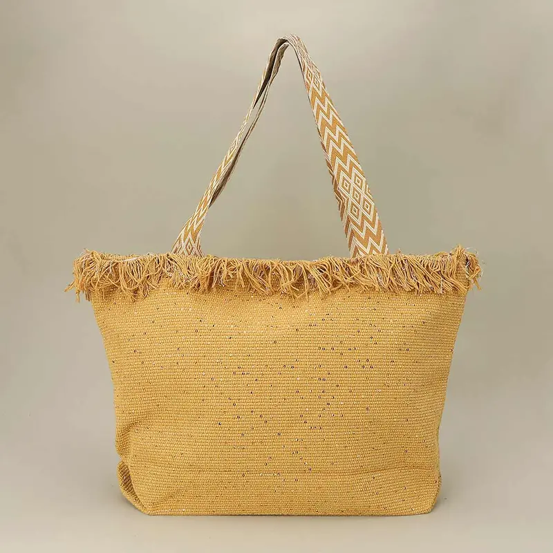 Sequin Embellished Large Woven Frayed Shoulder Tote Bag 1