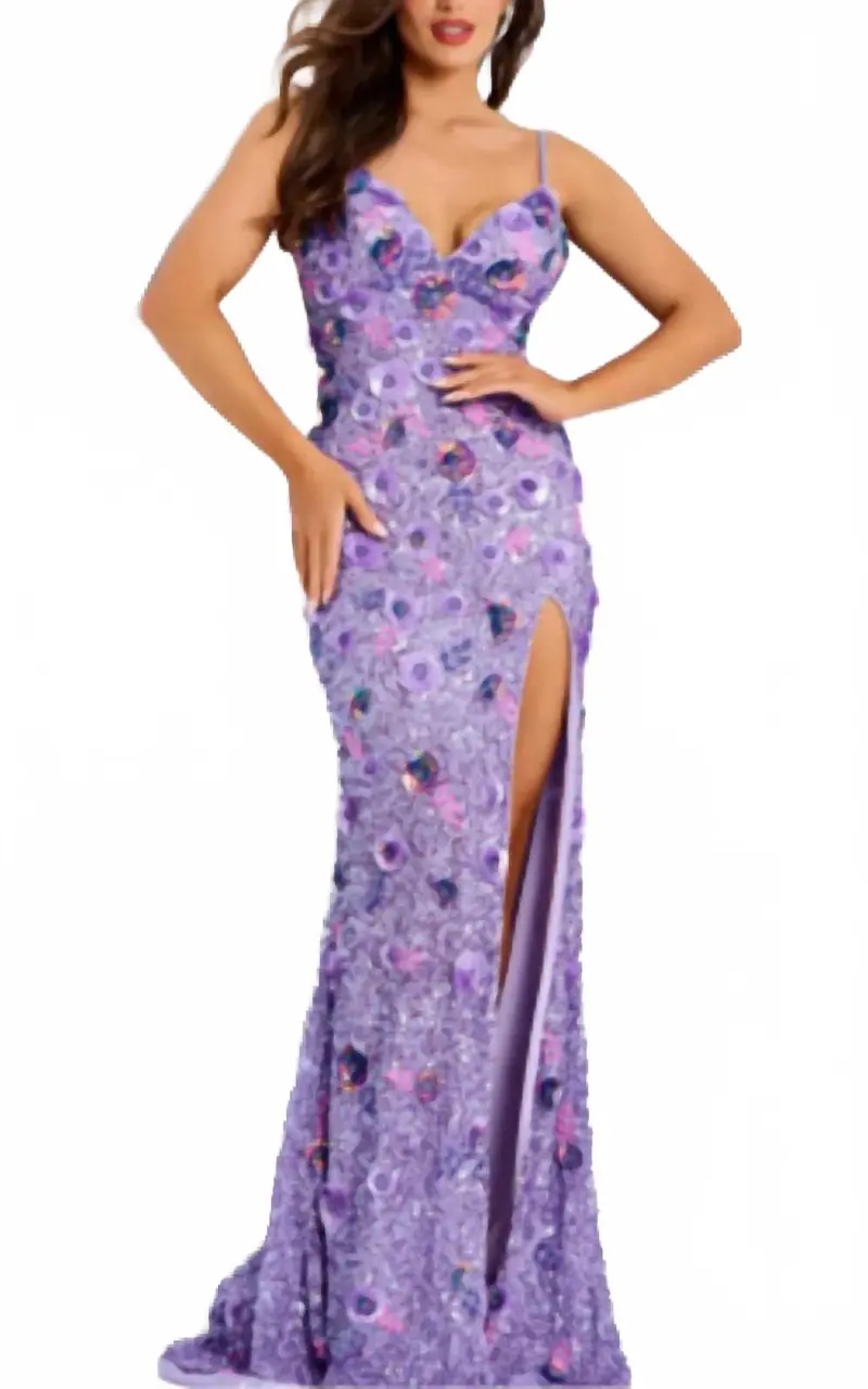 Sequin Gown With 3D Floral Appliqué In Lilac Multi 1