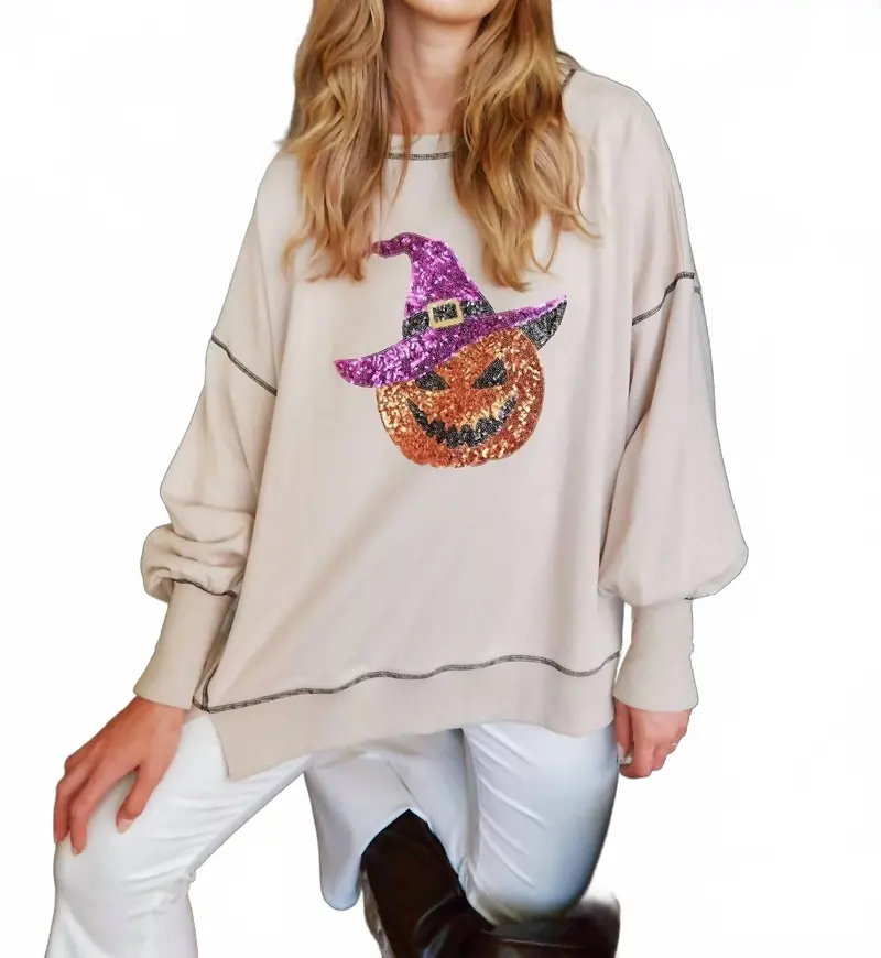 Sequin Halloween Pumpkin Patch Knit Sweatshirt In Tan 1