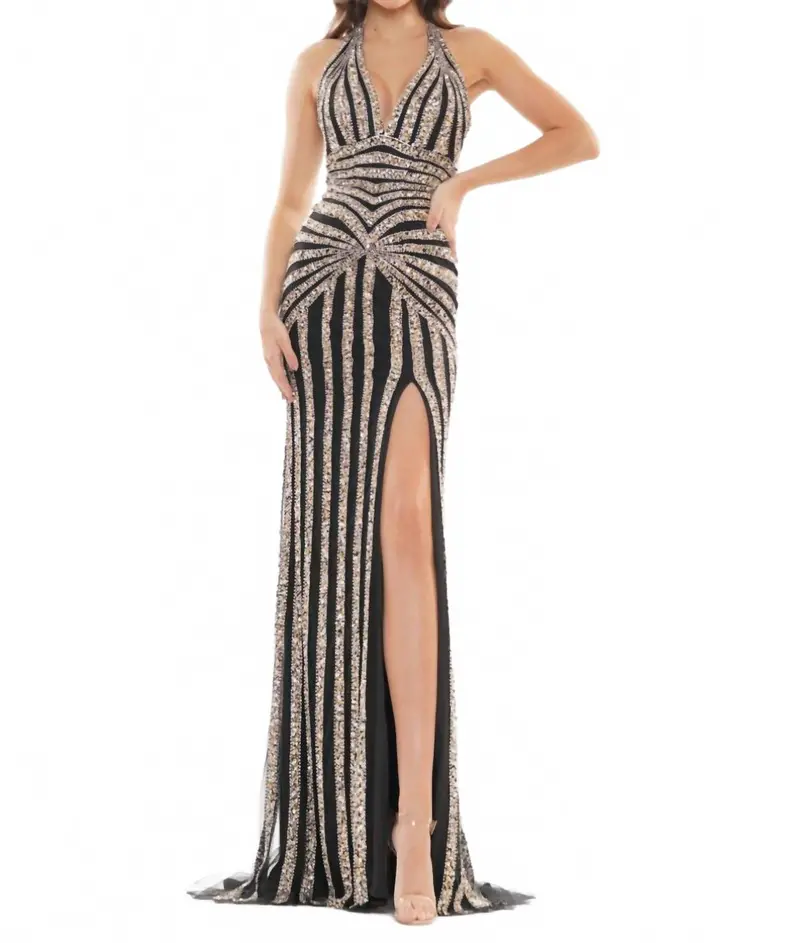 Sequin Halter Dress In Black/Gold 1