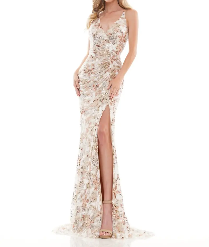 Sequin Mermaid Evening Gown In Gold White 1