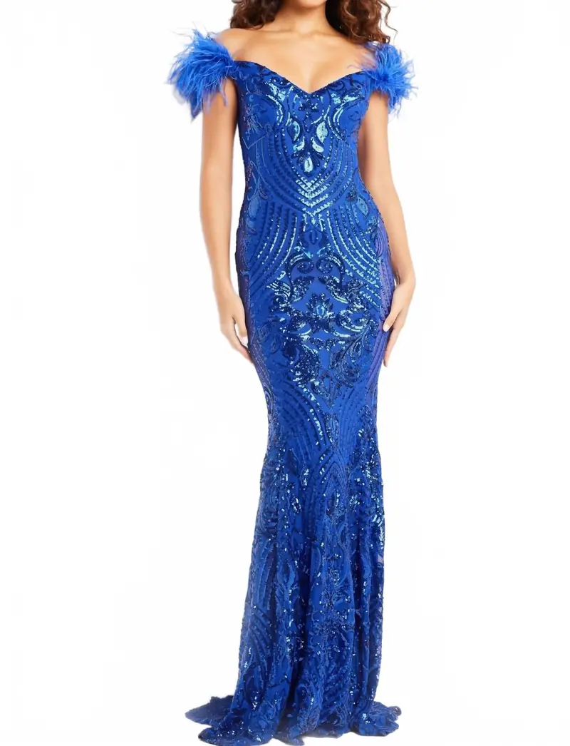 Sequin Off The Shoulder Dress In Royal 1
