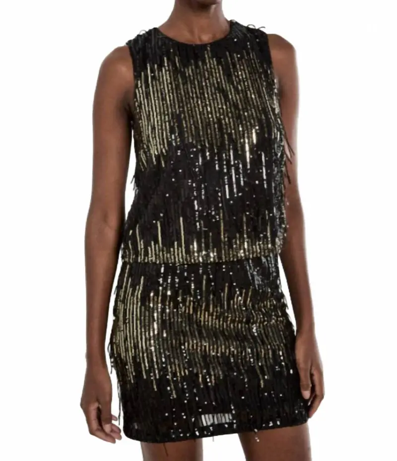 Sequin Stripe Fringe Shell Top In Black 1