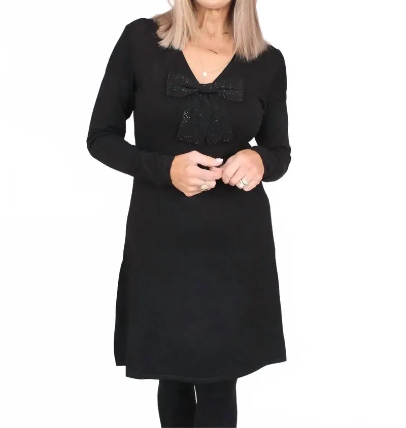 Sequined Bow Flared Dress In Black 1