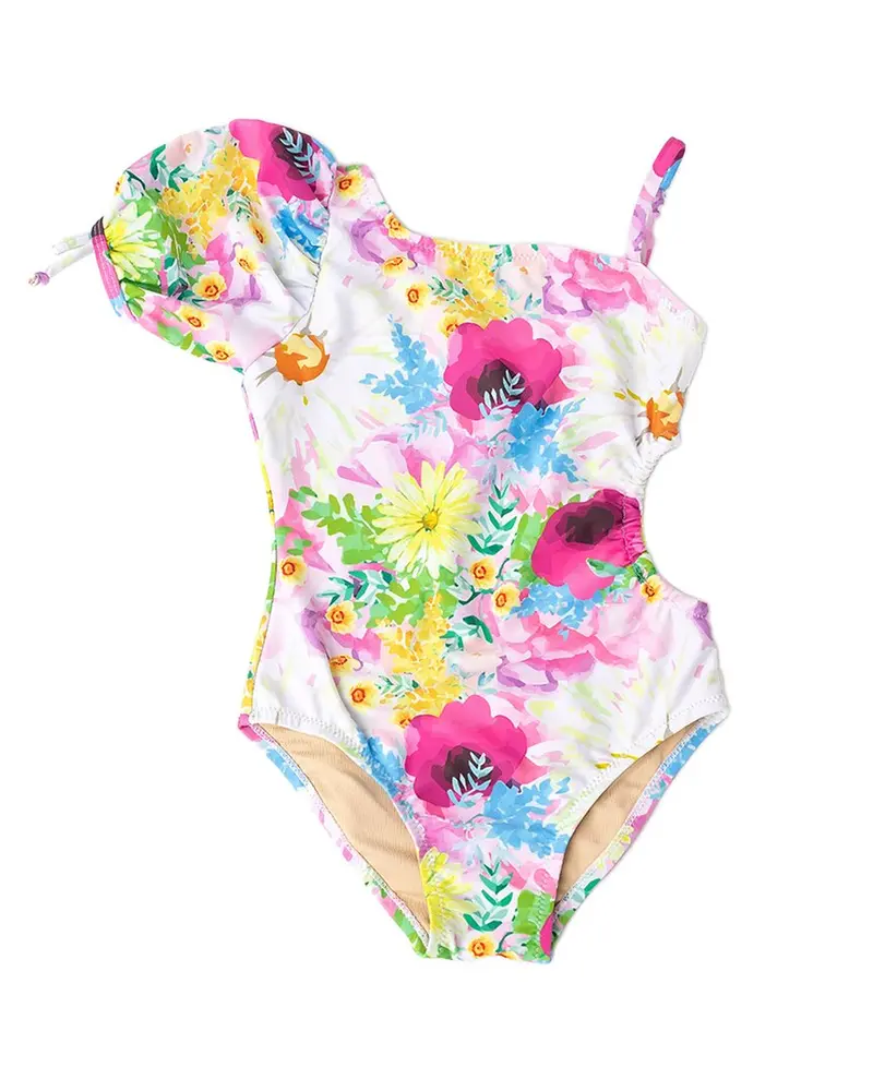 Shade Critters Watercolor Floral Puff Sleeve Swimsuit 1