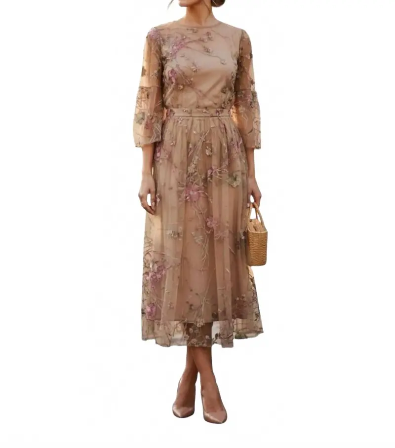 Sheer Floral Embroidered Midi Dress In Tan 1