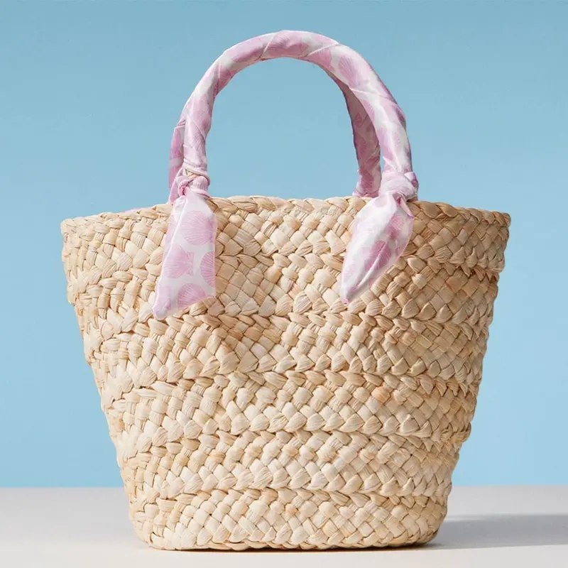 Shell Print Fabric Scarf Wrapped Handle Raffia Tote Bag 1