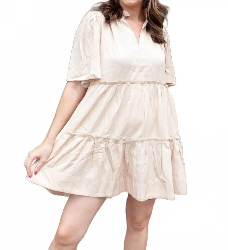 Shimmering V-Neck Flutter Mini Dress In Beige 1