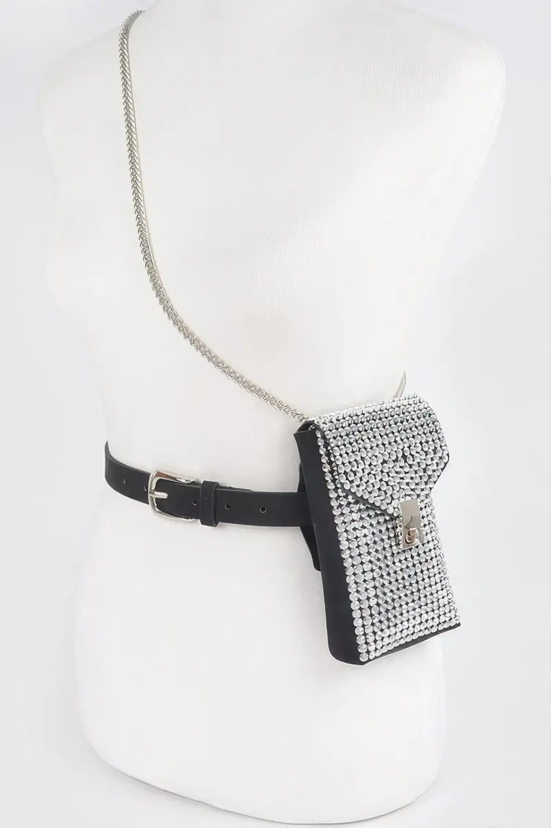 Shinny Acrylic Stone Plus Size Belt Bag W/Chain 1