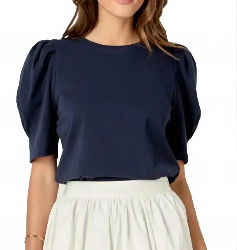 Short Puff Sleeve Knit Top In Navy 1