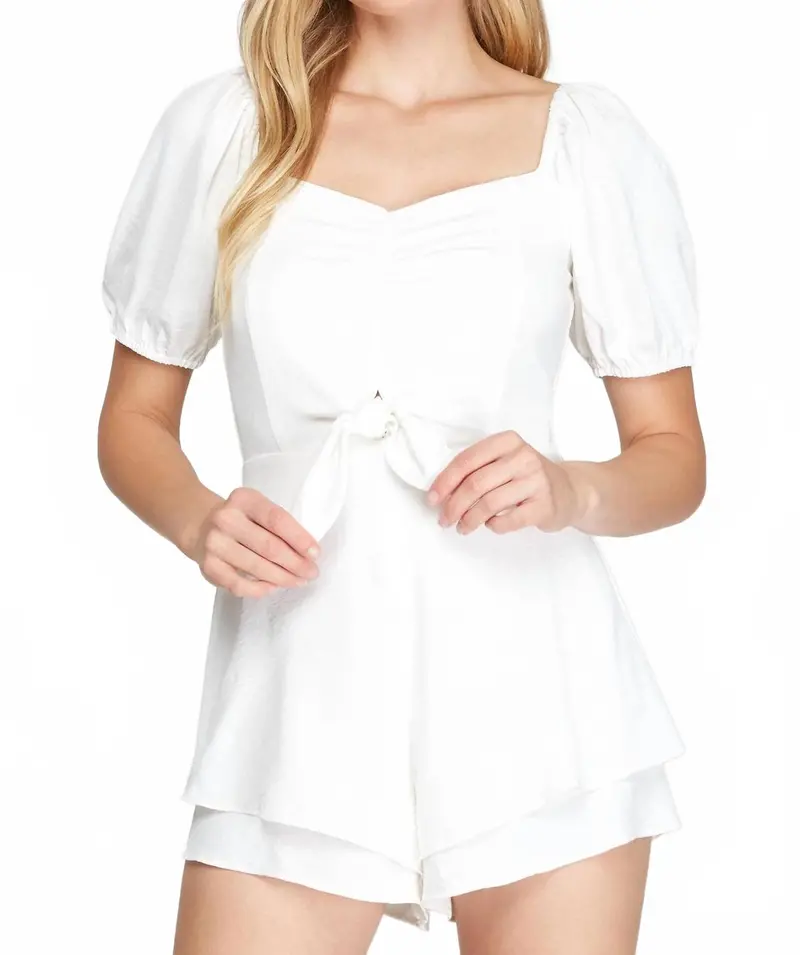 Short Puff Sleeve Layered Romper With Shirred Front In Off White 1