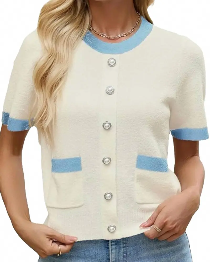 Short Sleeve Crewneck Cardigan In Cream/Blue 1