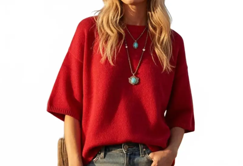 Short Sleeve Relaxed Sweater In Red 1