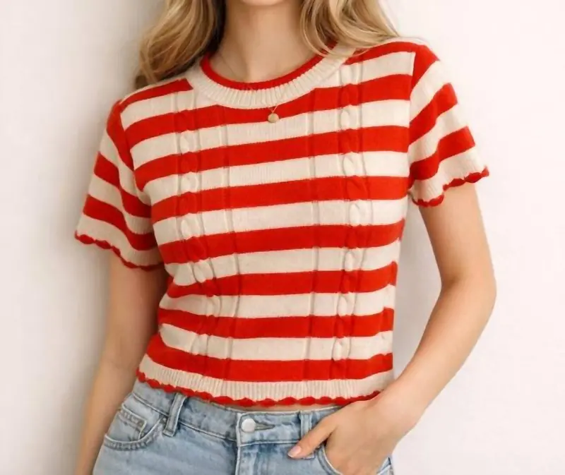 Short Sleeve Stripe Sweater In Red/ White 1