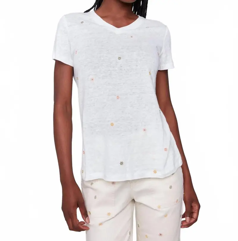 Short Sleeve Tee With Embroidered Flowers In Multi On Natural 1