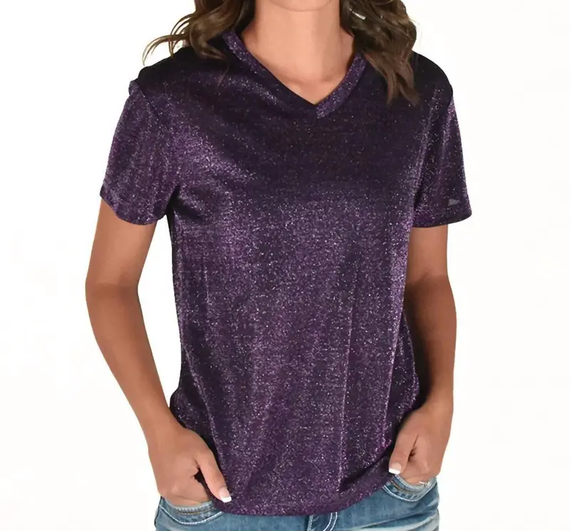 Short Sleeve V Neck Shimmer Top In Purple 1