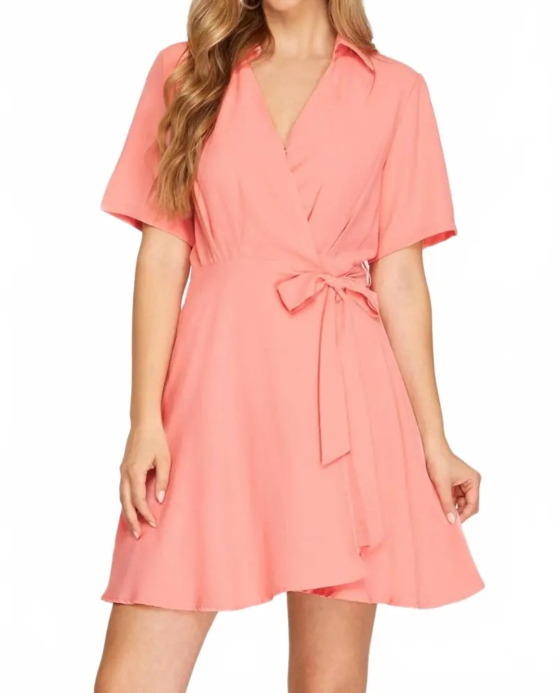 Short Sleeve Wrap Dress With Front Side Tie In Coral Pink 1