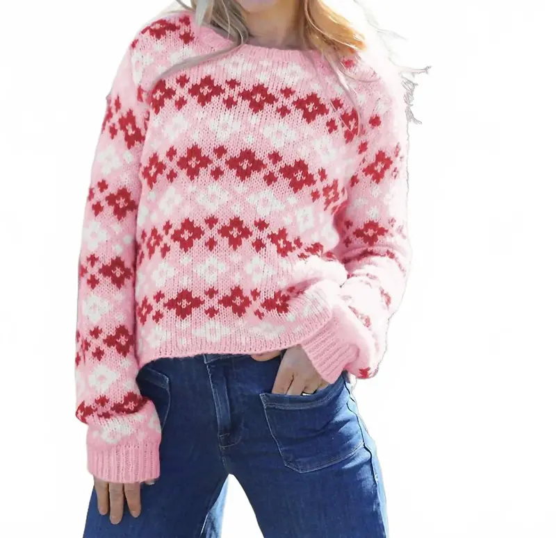 Shrunken Fairisle Chunky Crew Sweater In Blush Multi 1