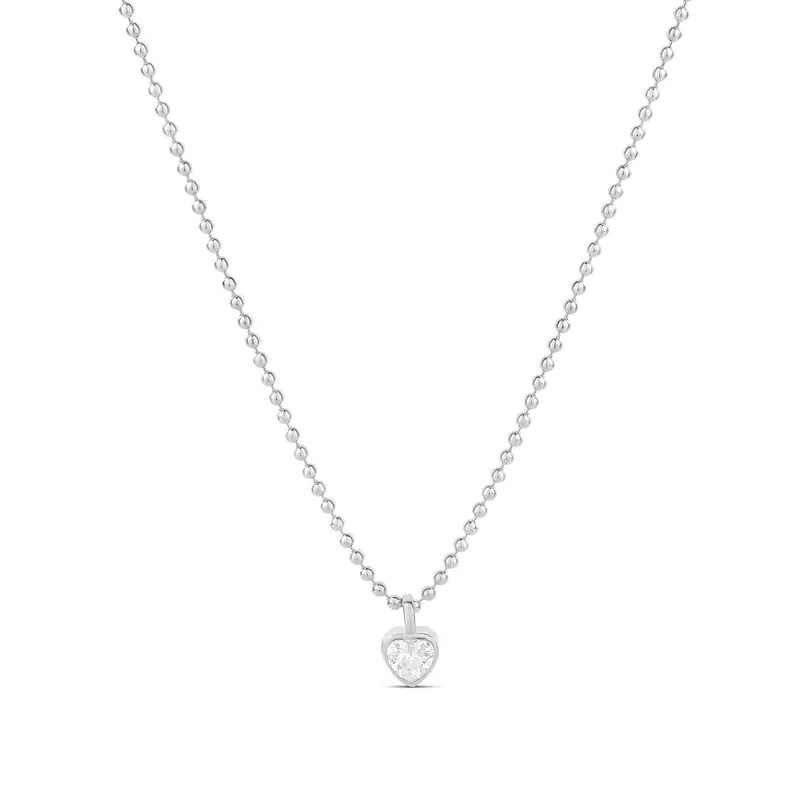 Shymi Bezel Heart Necklace — .925 Sterling Silver, Rhodium-Plated, Cubic Zirconia Detailing, Beaded Ball Chain, Adjustable Length (16″–18″), Day To Night 1