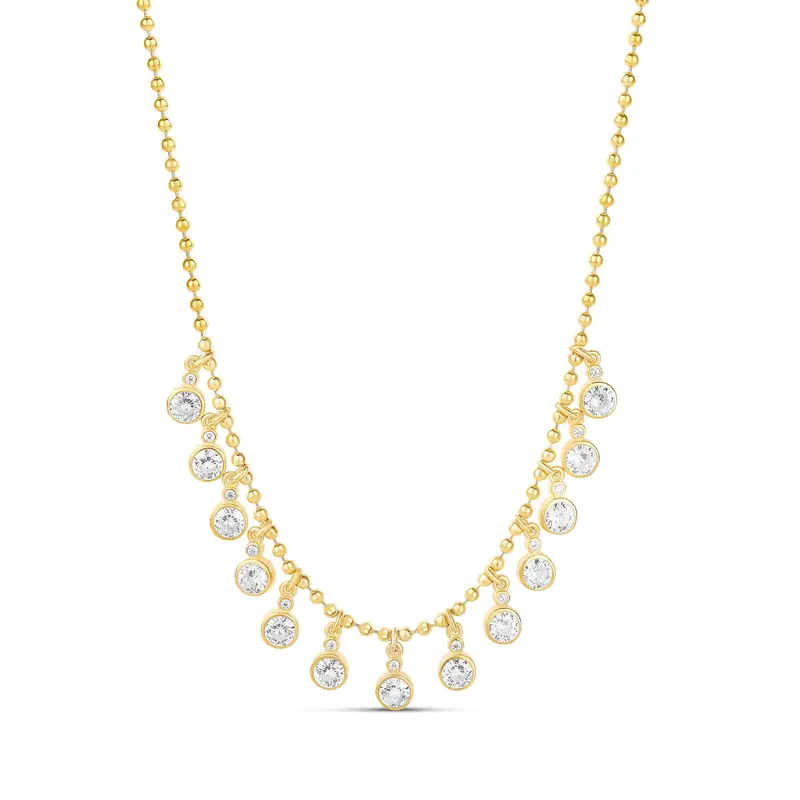 Shymi Dangling Fancy Circles Necklace — .925 Sterling Silver, 14K Gold-Plated, Cubic Zirconia Detailing, Beaded Ball Chain, Adjustable Length (16″–18″), Day To Night 1