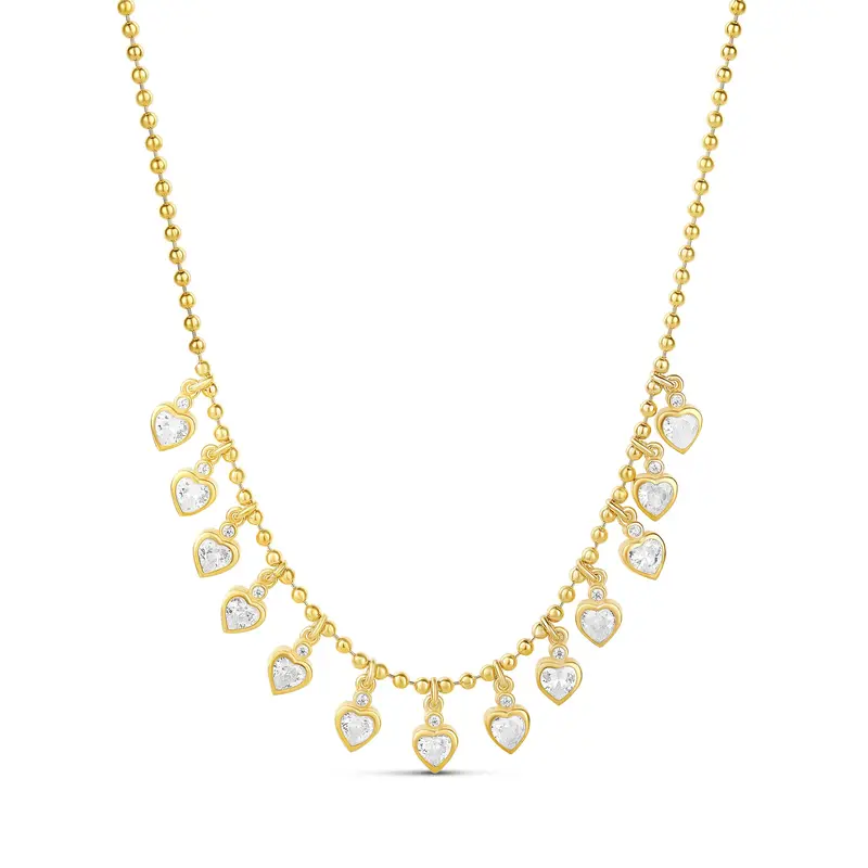 Shymi Dangling Fancy Hearts Necklace — .925 Sterling Silver, 14K Gold-Plated, Cubic Zirconia Detailing, Beaded Ball Chain, Adjustable Length (16″–18″), Day To Night 1