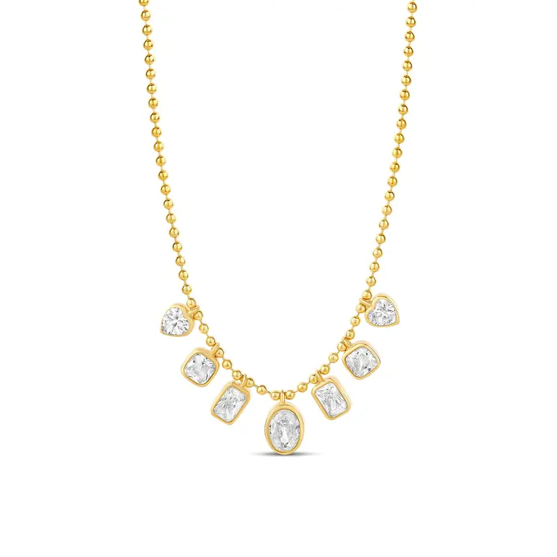 Shymi Dangling Mix Shape Stone Necklace — .925 Sterling Silver, 14K Gold-Plated, Cubic Zirconia Detailing, Beaded Ball Chain, Adjustable Length (16″–18″), Day To Night 1