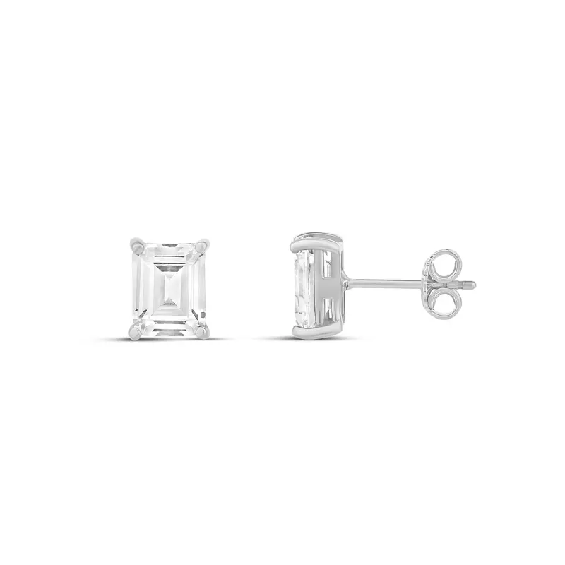 Shymi Emerald Prong Set Stud Earrings — .925 Sterling Silver, Rhodium Plated, Pink Cubic Zirconia, Day To Night 1